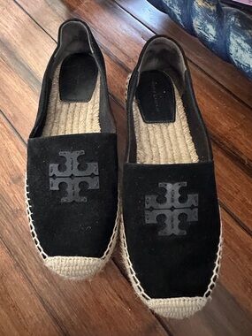Tory Burch Black Suede Logo Espadrille Slip-Ons